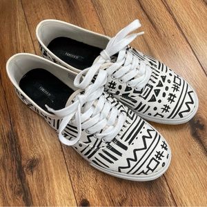 Black and white graphic doodle pattern sneakers from Forever21, Size 8